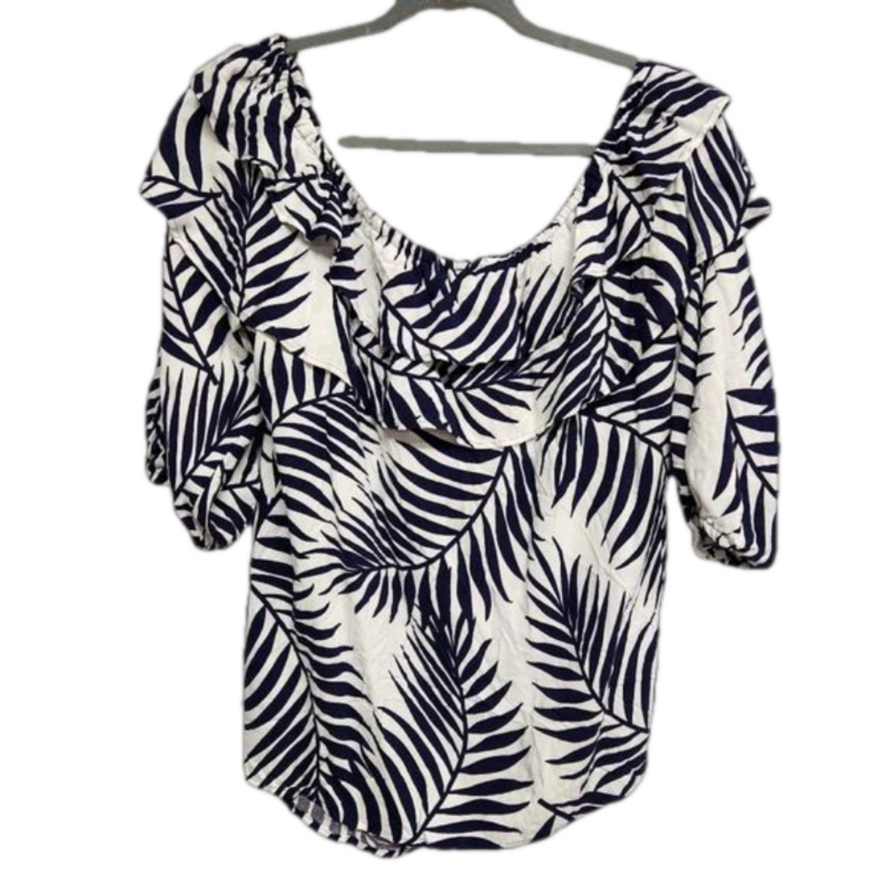Sam and Jess Ruffle neck short sleeve white navy size XL NWT